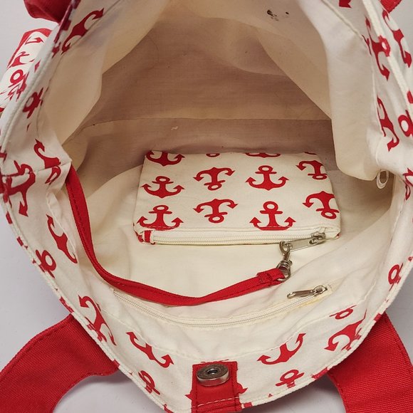 Unbranded Canvas Boat Tote Red Anchor Print Snap Closure Pockets/Change Purse - Picture 10 of 13